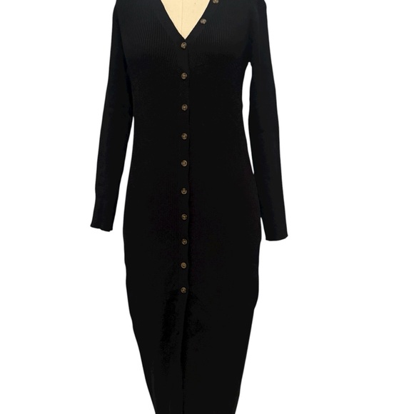 Micas Black Ribbed Button-Down Long Sleeve Knit Midi Dress NWT Size Small - Picture 5 of 10